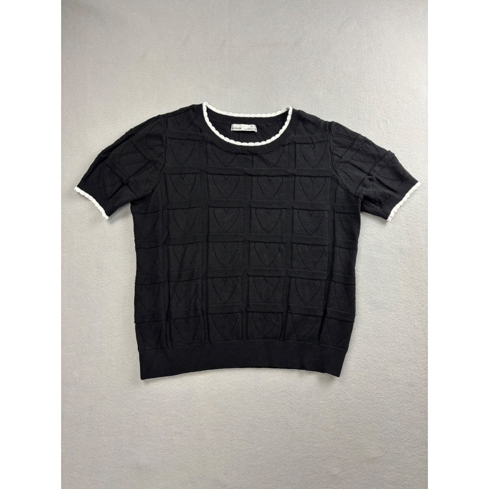 Rafiana Black Heart Pointelle Knit Short Sleeve Sweater Top Contrast Scallop XL